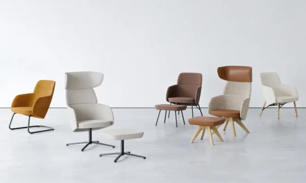 WINX lounge armchair with premium fabric upholstery and oak wood base
