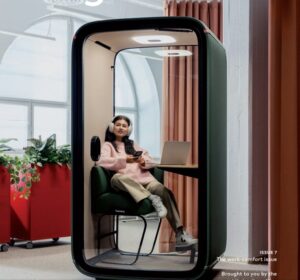 Framery One soundproof office pod with integrated sofa for private focused work