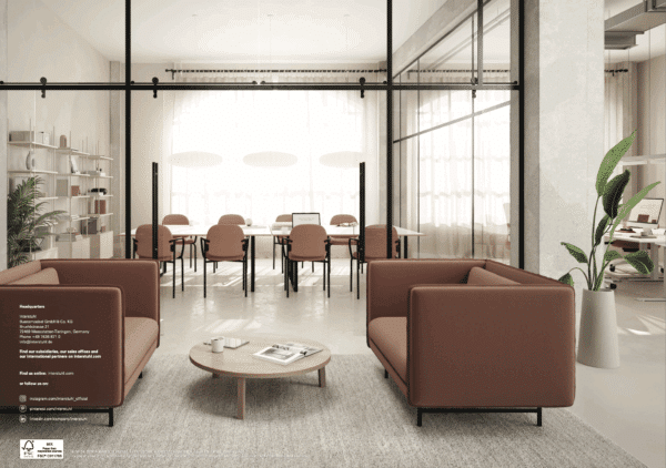 QOMFORT sofa in a modern office lounge with Malta office furniture