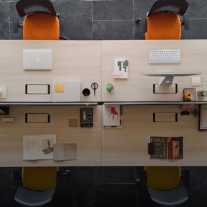 Top view of the VITAL Plus bench desk system with integrated workspace organization