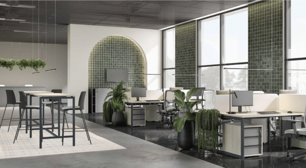 Open office design featuring modern standing tables in Malta